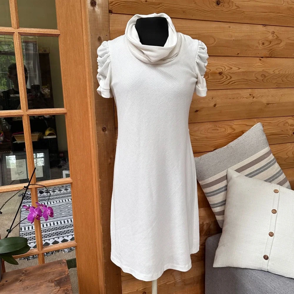 Robbie Bee White Ribbed‎ Cowl Neck Short Sleeve A-Line Dress Size M - Picture 2 of 10